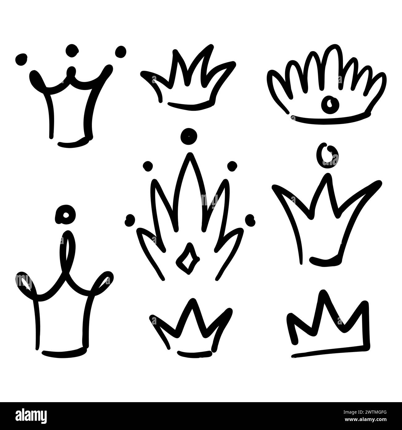 Crowns doodle design set. Retro badges. Hand drawn isolated emblem with royal symbols. Crown for queen, princess, king, prince. Stock Vector