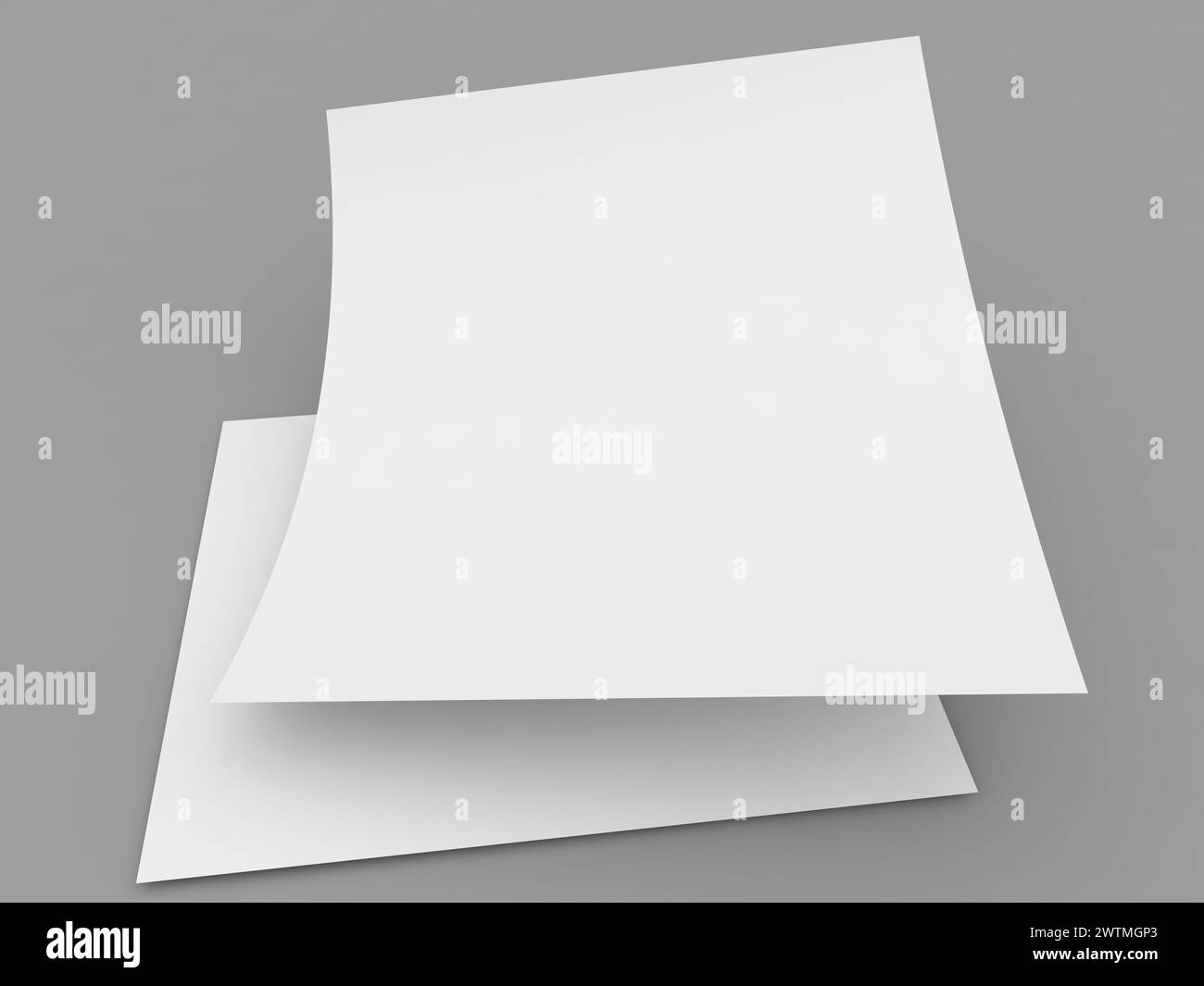 Two sheets of A4 paper on a gray background. 3d render illustration ...