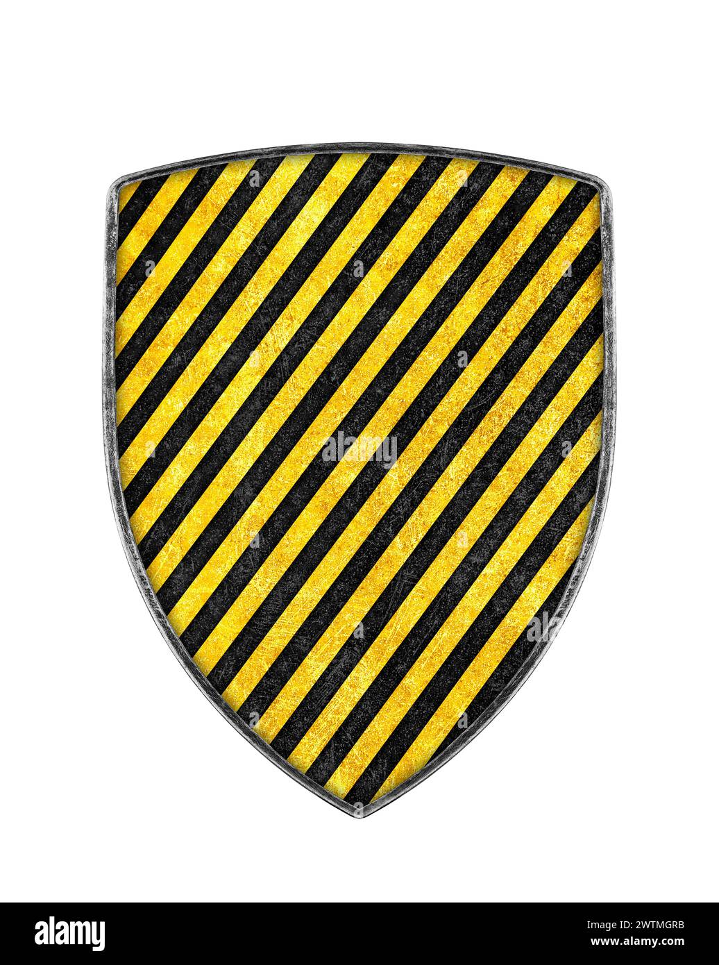 Old metal black and yellow striped shield isolated on white background Stock Photo