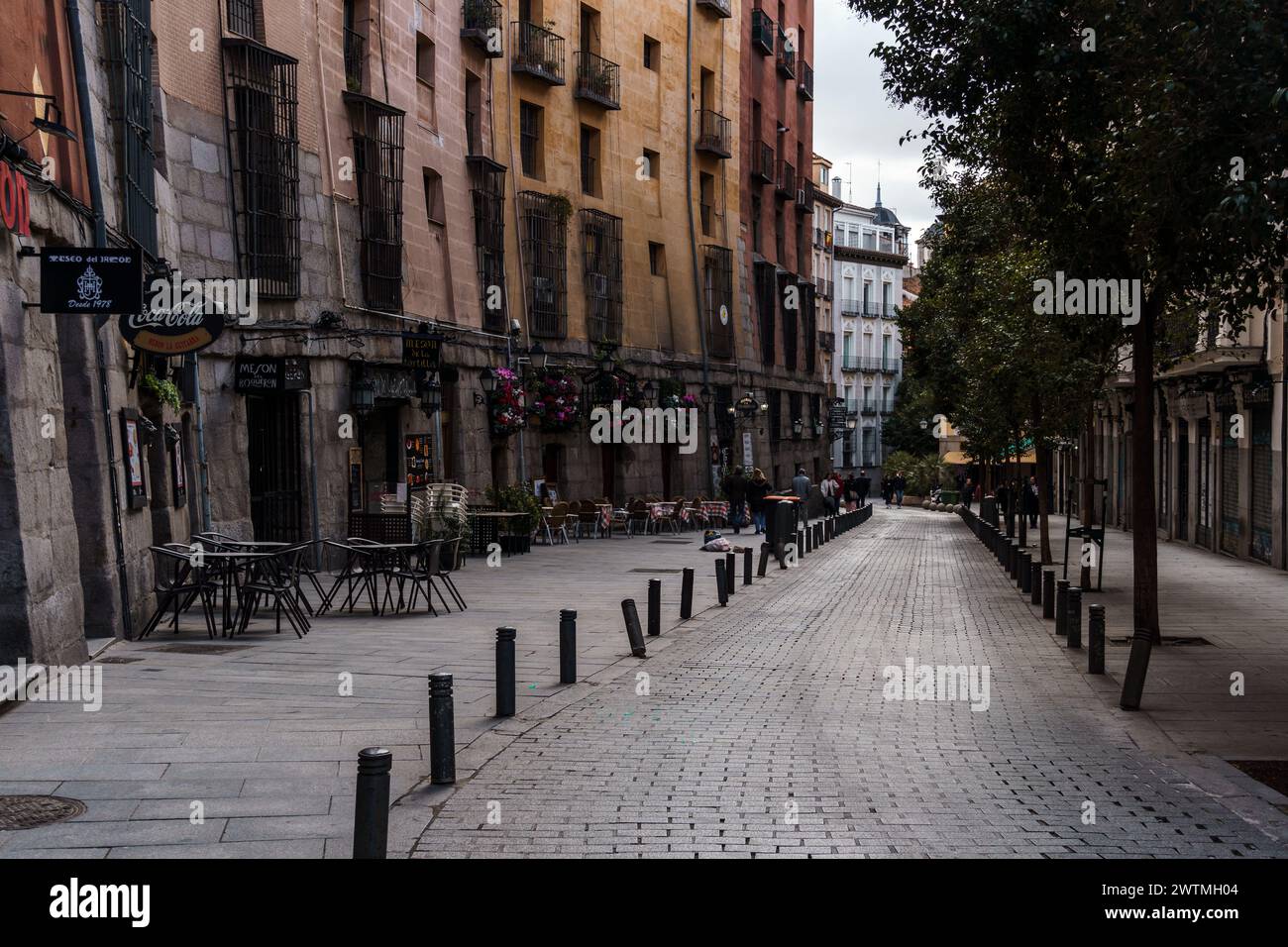 Madrid, Spain - February 24, 2024: Cava of San Miguel Street in Central Madrid. Typical street famous for restaurants Stock Photo