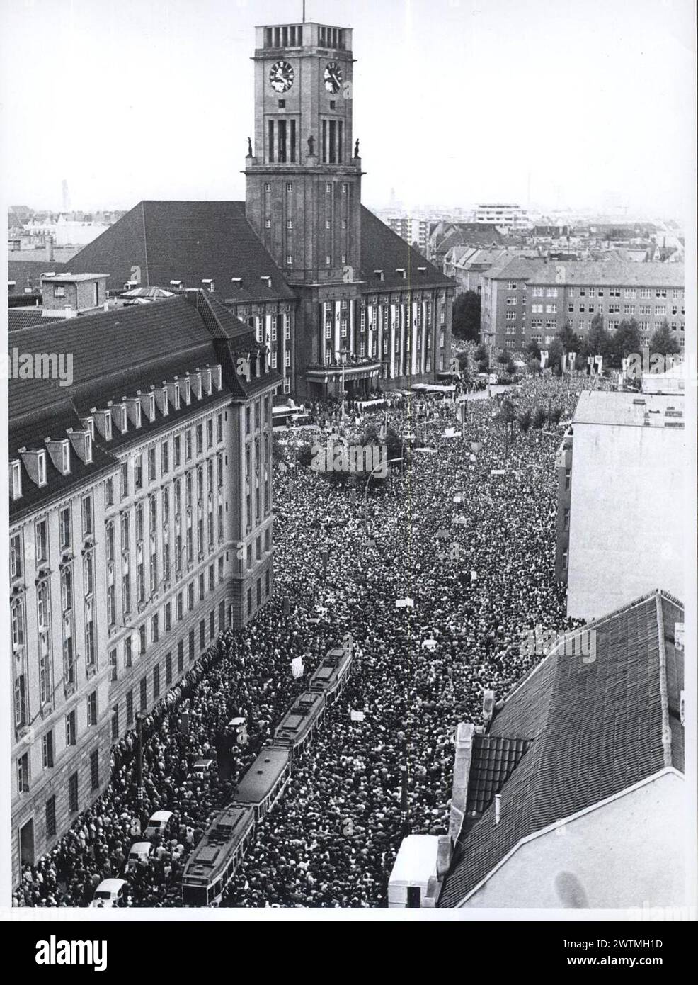 Aug. 16, 1961. An estimated 250,000 people turn out in West Berlin to denounce the sealing off of the East Zone and to hear West Berlin Mayor Willi Brandt. From the booklet "A City Torn Apart: Building of the Berlin Wall.  Credit: Records of the U.S. Information Agency,, CIA photo Stock Photo