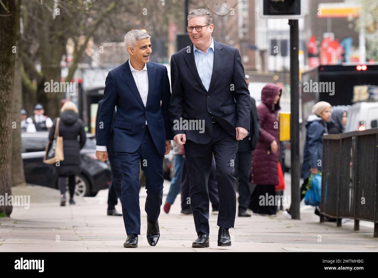 Mayor of London Sadiq Khan (left), alongside Labour Party leader Sir Keir Starmer arrives at the launch of his re-election campaign in west London. Picture date: Monday March 18, 2024. Stock Photo