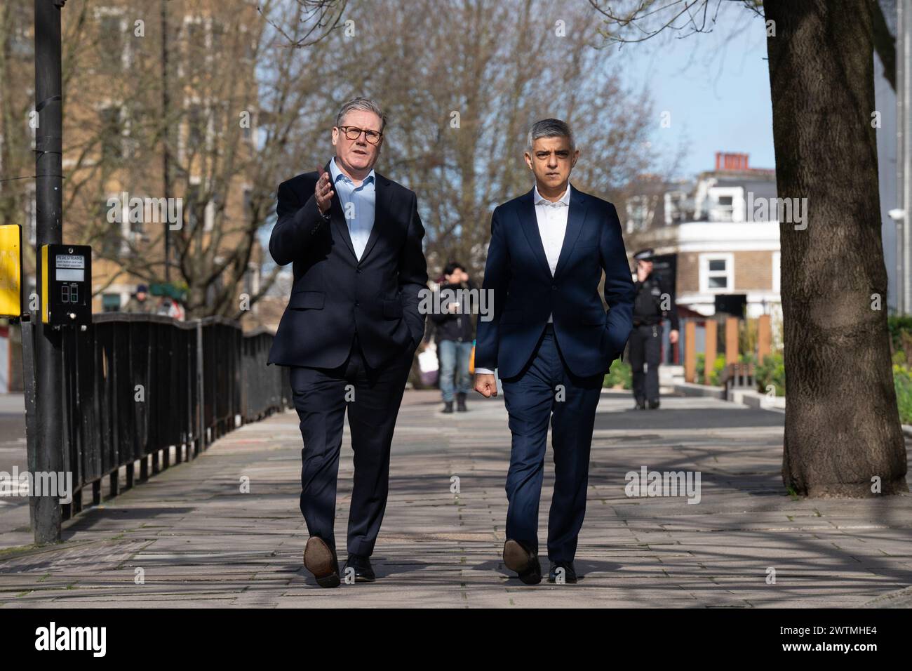 Mayor of London Sadiq Khan (right), alongside Labour Party leader Sir Keir Starmer arrives at the launch of his re-election campaign in west London. Picture date: Monday March 18, 2024. Stock Photo