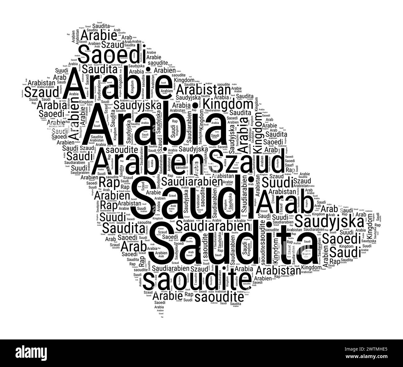 Black and white word cloud in Saudi Arabia shape. Simple typography style country illustration. Plain Saudi Arabia black text cloud on white backgroun Stock Vector