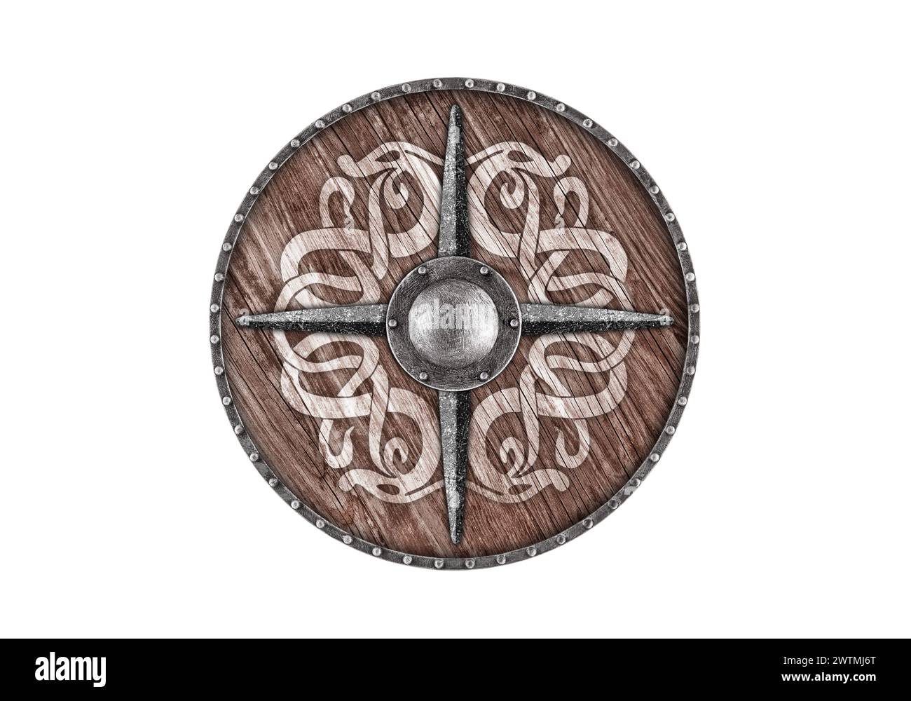 Old viking wooden round shield isolated on white background Stock Photo