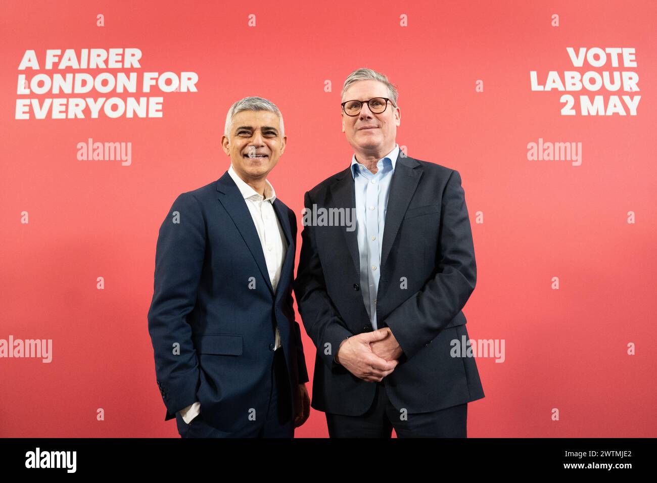 Mayor of London Sadiq Khan (left), alongside Labour Party leader Sir Keir Starmer, as he launches his re-election campaign in west London. Picture date: Monday March 18, 2024. Stock Photo
