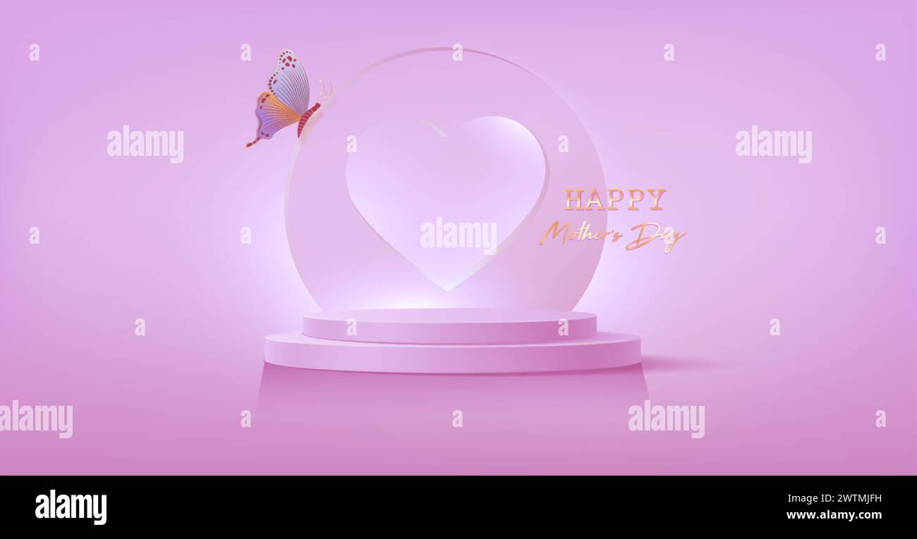 Mother's Day banner, 3d stage podium decorated with round heart shape and butterfly. Pedestal scene for product, advertising, show, mom ceremony, pink Stock Vector