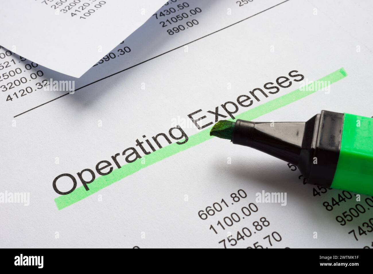 The inscription Operating expenses underlined with a green marker. Stock Photo