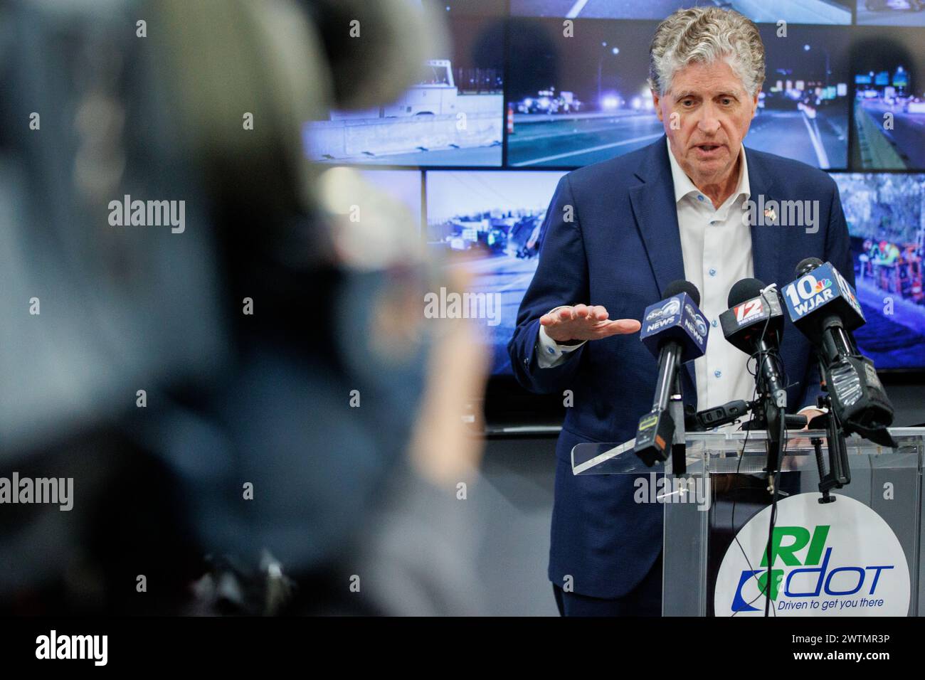 Rhode Island Governor Daniel McKee responds to a question during a press conference about the I-195 Washington Bridge closure at the Rhode Island Depa Stock Photo