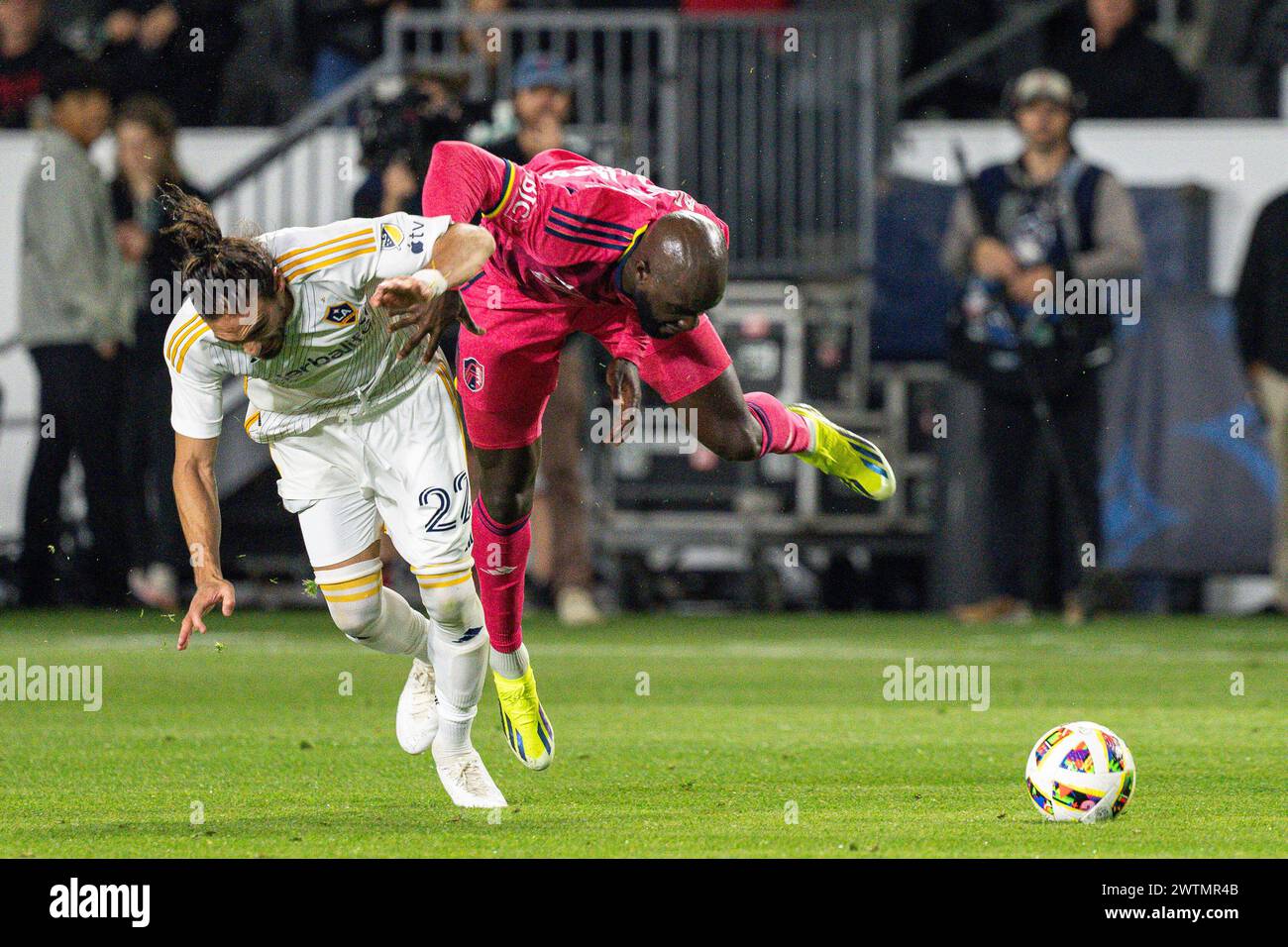 St. Louis City forward Samuel Adeniran (16) is fouled by Los Angeles Galaxy defender Martín Cáceres (22) during a MLS match, Saturday, March 16, 2024, Stock Photo