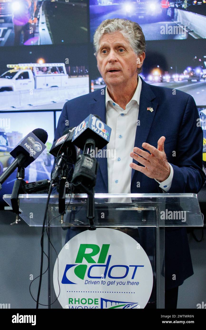 Rhode Island Governor Daniel McKee responds to a question during a press conference about the I-195 Washington Bridge closure at the Rhode Island Depa Stock Photo