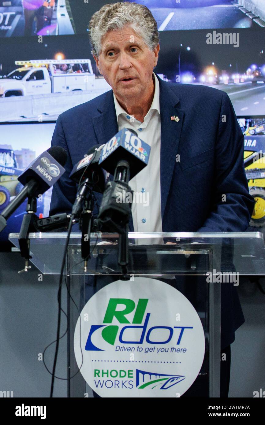 Rhode Island Governor Daniel McKee responds to a question during a press conference about the I-195 Washington Bridge closure at the Rhode Island Depa Stock Photo