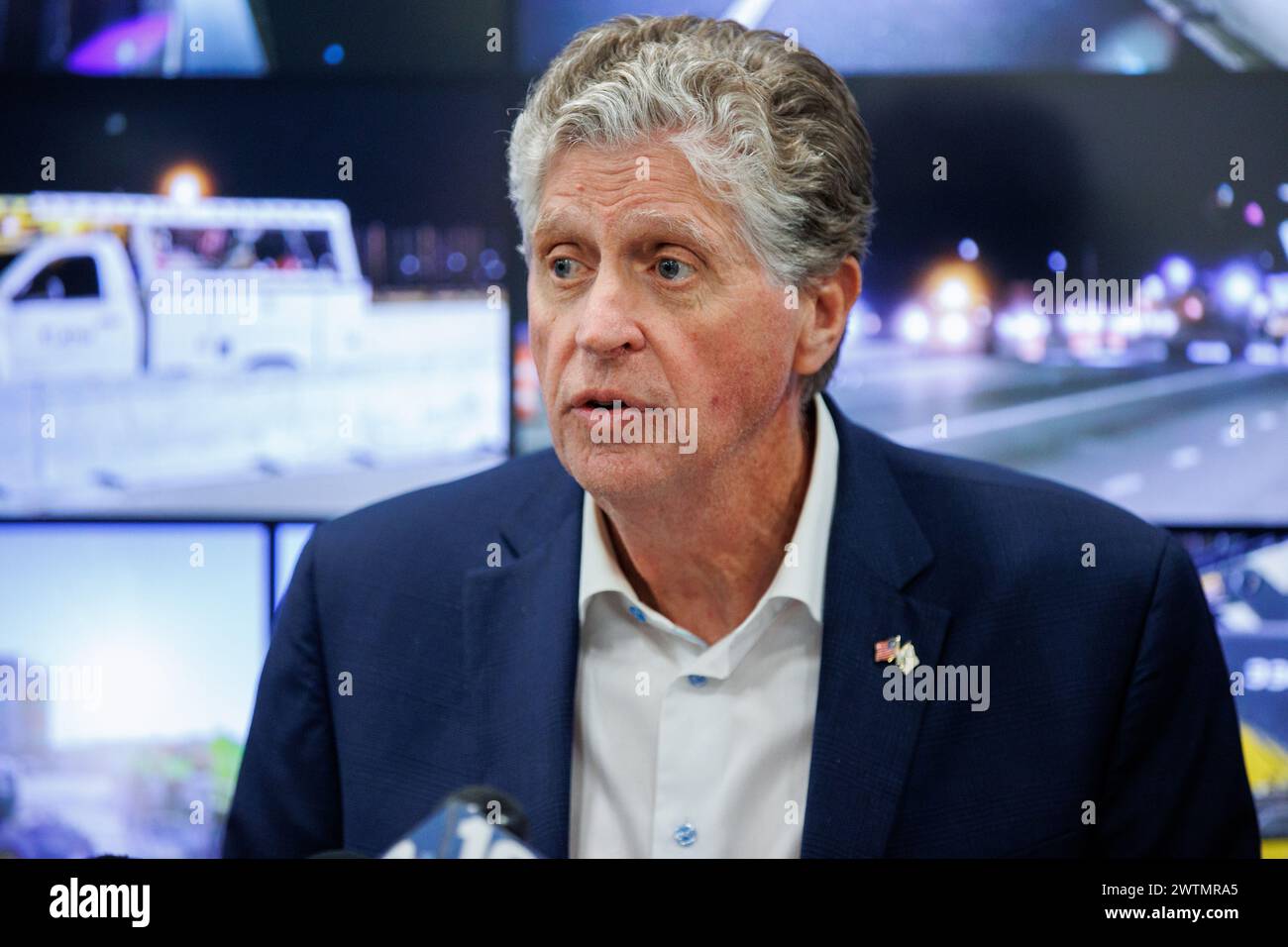 Rhode Island Governor Daniel McKee responds to a question during a press conference about the I-195 Washington Bridge closure at the Rhode Island Depa Stock Photo