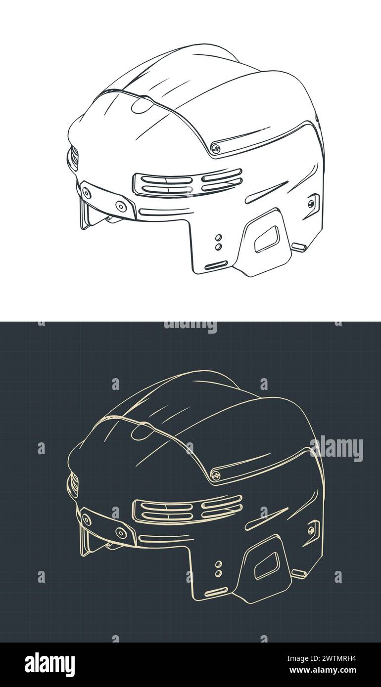 Stylized vector illustrations of isometric blueprints of hockey helmet Stock Vector