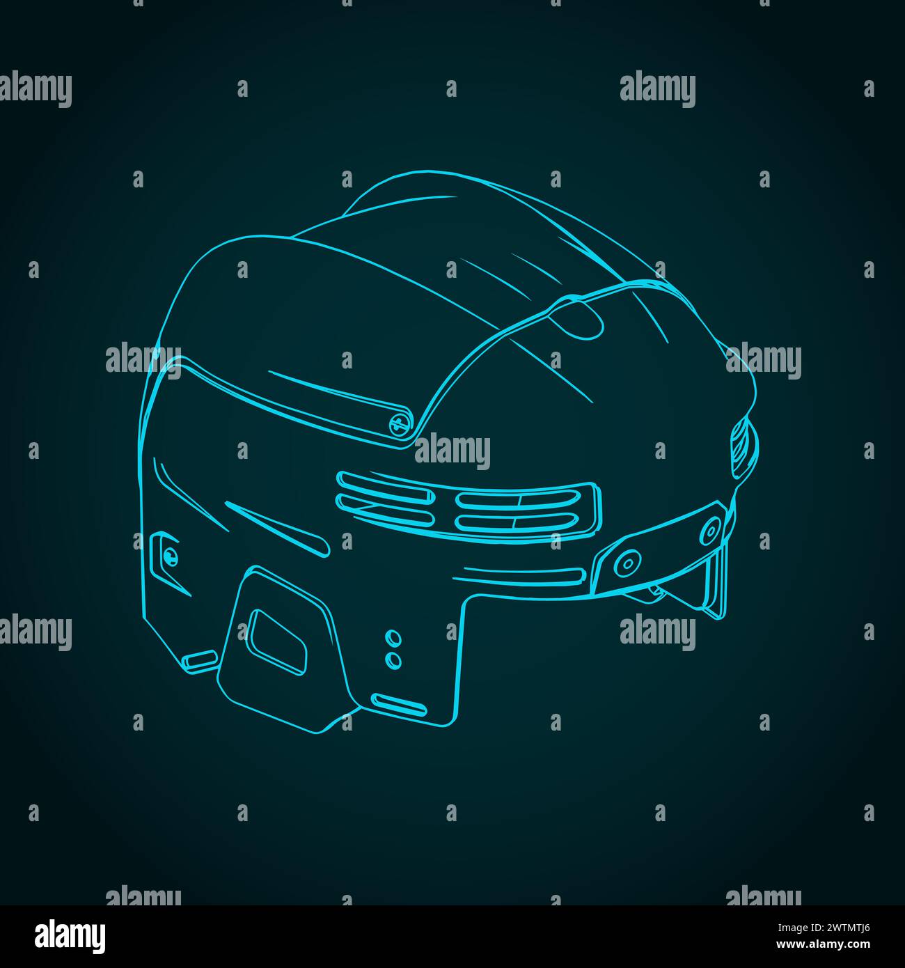 Stylized vector illustrations of isometric blueprint of hockey helmet Stock Vector