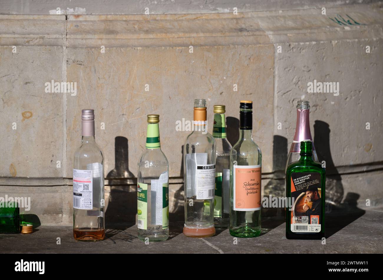 Dresden, Germany. 18th Mar, 2024. Empty wine, schnapps and champagne