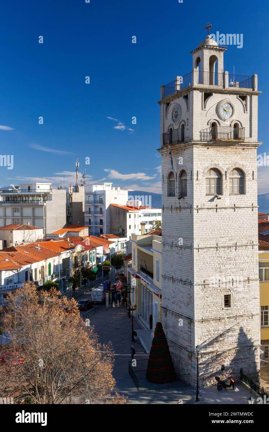 The majestic stone-built belfry of Kozani town, made in 1855 and around 25 meters tall. It is the highest building in the city. Stock Photo