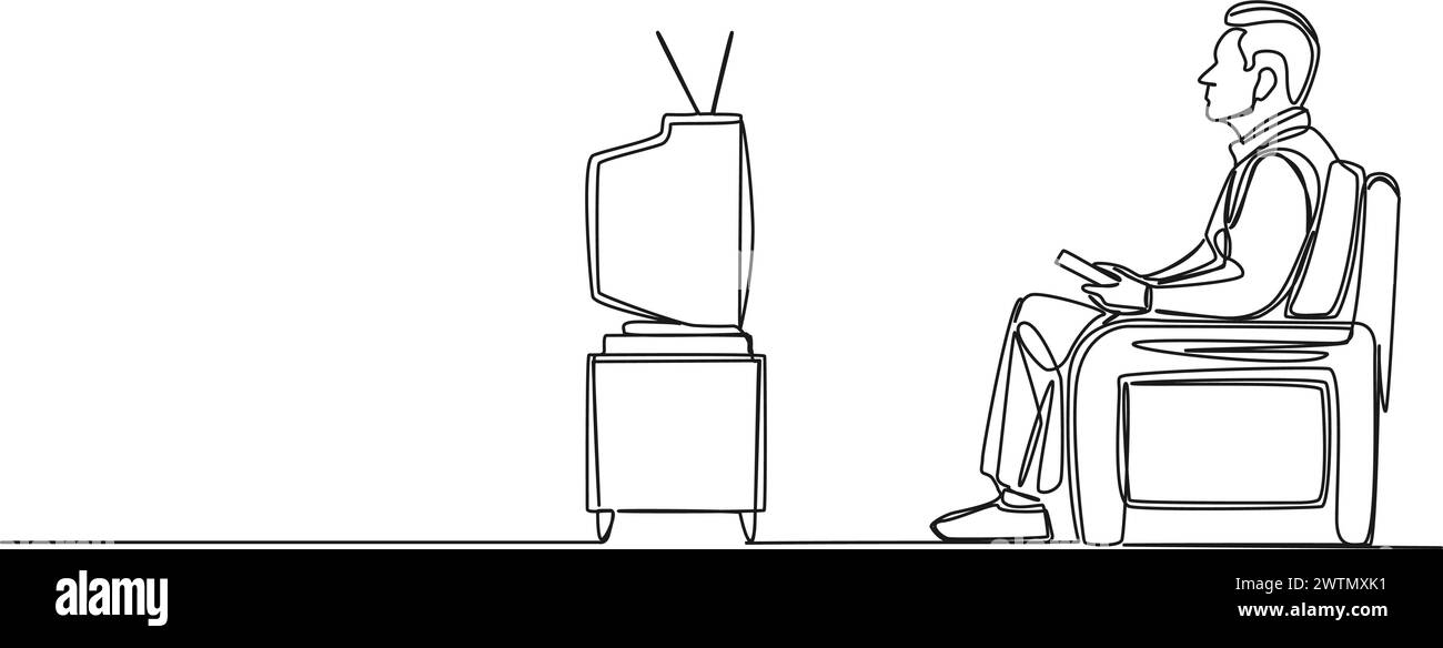 continuous single line drawing of senior man watching TV show on old tube TV set, line art vector illustration Stock Vector