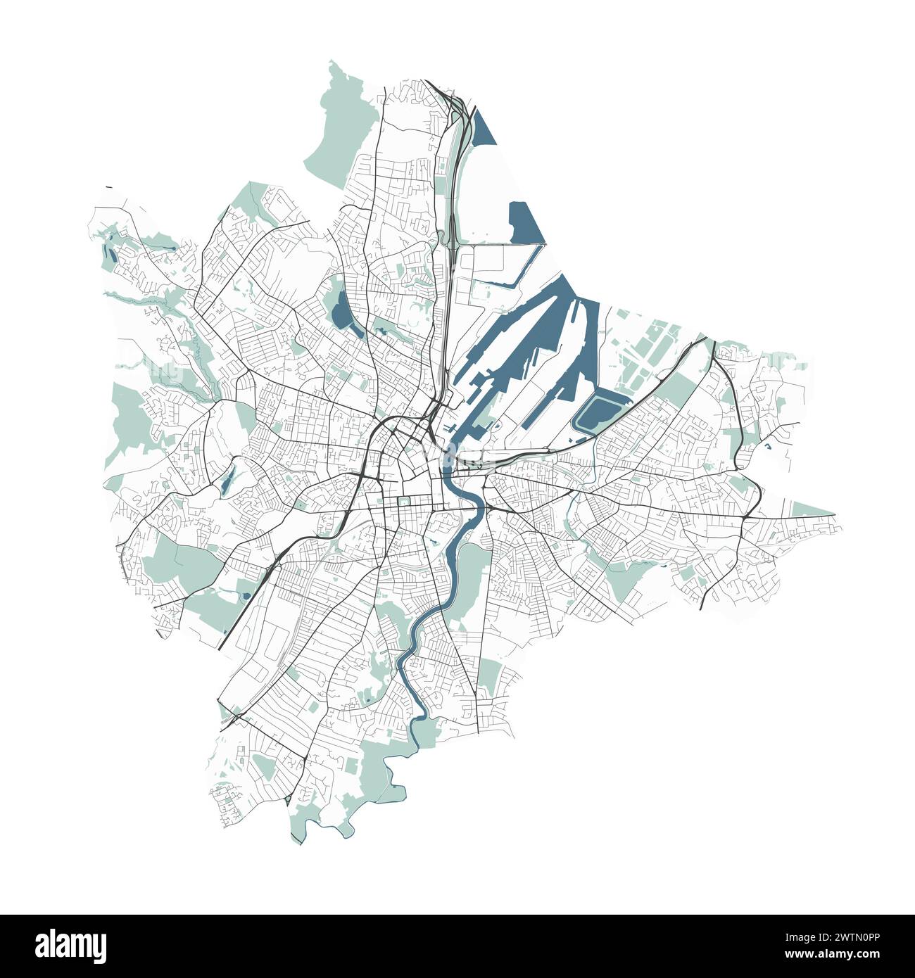 Map of Belfast, Northern Ireland. Detailed city vector map, metropolitan area with border. Streetmap with roads and water. Stock Vector