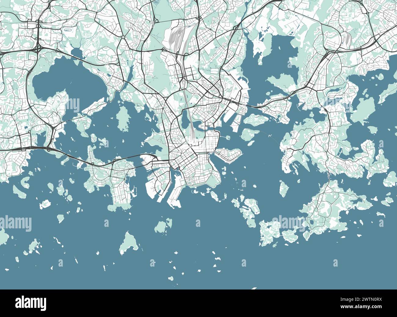 Map of Helsinki, Finland. Detailed city vector map, metropolitan area. Streetmap with roads and water. Stock Vector