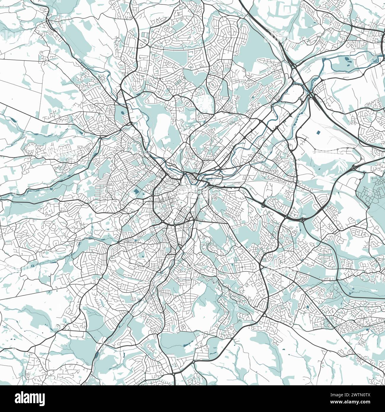 Map of Sheffield, England. Detailed city vector map, metropolitan area. Streetmap with roads and water. Stock Vector