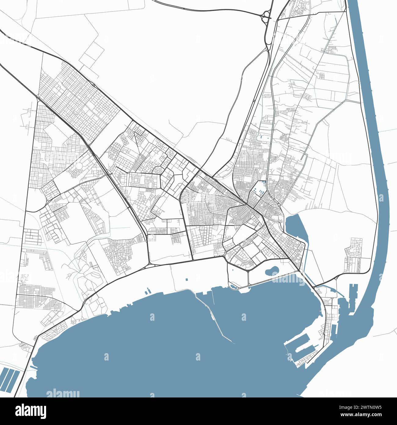 Map of Suez, Egypt. Detailed city vector map, metropolitan area. Streetmap with roads and water. Stock Vector