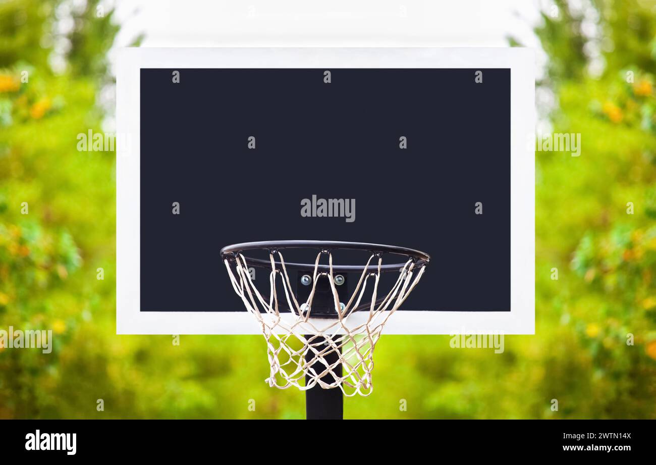 Mesh for playing basketball close-up on nature, on a background of trees. Stock Photo