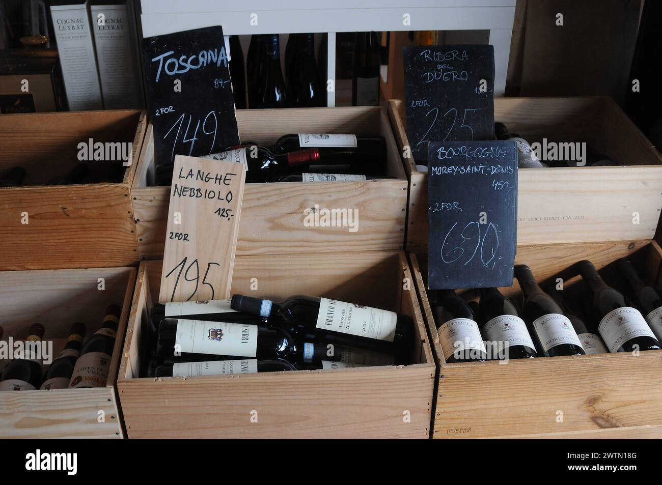 Copenhagen, Denmark /18 March 2024/Various fine brand wineBOTTLES showasae for sale . Photo.Francis Joseph Dean/Dean Pictures Stock Photo