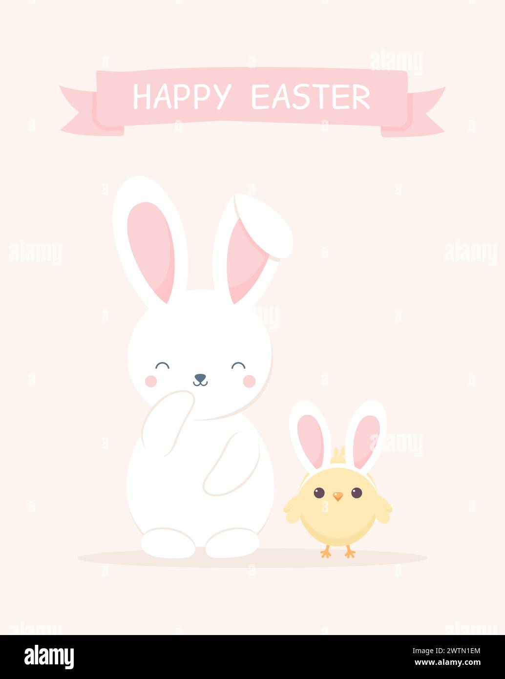 Easter greeting card. Cute laughing bunny and chick wearing bunny ears. Flat vector illustration Stock Vector