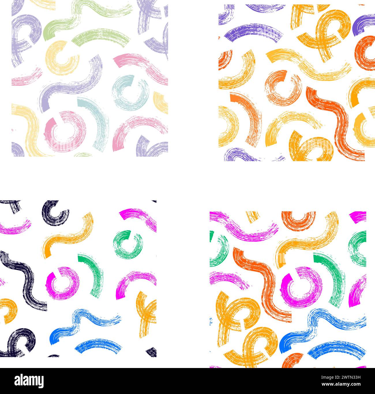 Wavy and swirled colored brush strokes vector seamless pattern. bright paint freehand scribbles, abstract ink crayon chalk background. Brushstrokes, s Stock Vector