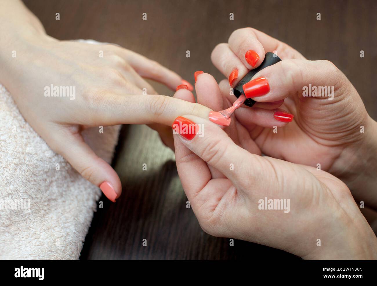 The master of the manicure paints nails with nail polish during the procedure of nail extensions with gel in the beauty salon. Professional care for h Stock Photo