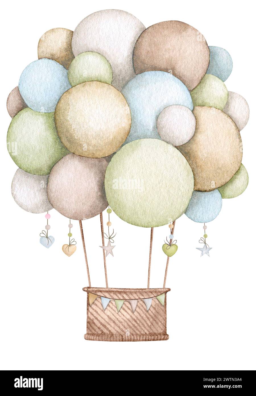 Air balloons with a basket in pastel colors. Children's watercolor illustration. Birthday, baby shower, children's party. Design element for cards, po Stock Photo