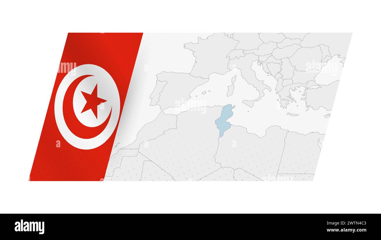 Tunisia map in modern style with flag of Tunisia on left side. Vector illustration of a map. Stock Vector