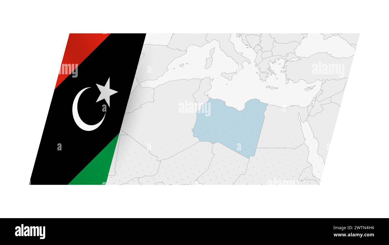 Libya map in modern style with flag of Libya on left side. Vector illustration of a map. Stock Vector