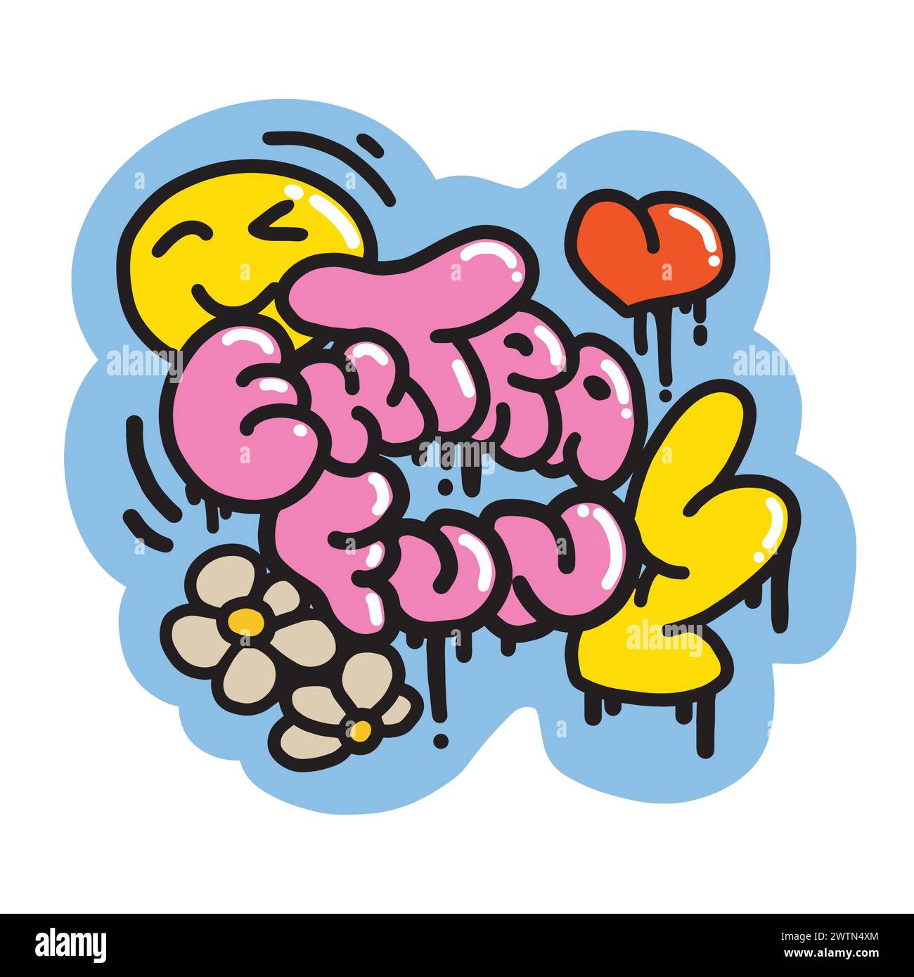 Graffiti Slogan Extra Fun with Cartoon Heart, Lightning, Daisies, Smile. Colorful Urban style Lettering. Vector illustration. Hippie Sticker for T-Shirts, Wallpaper, Case Phone. Stock Vector