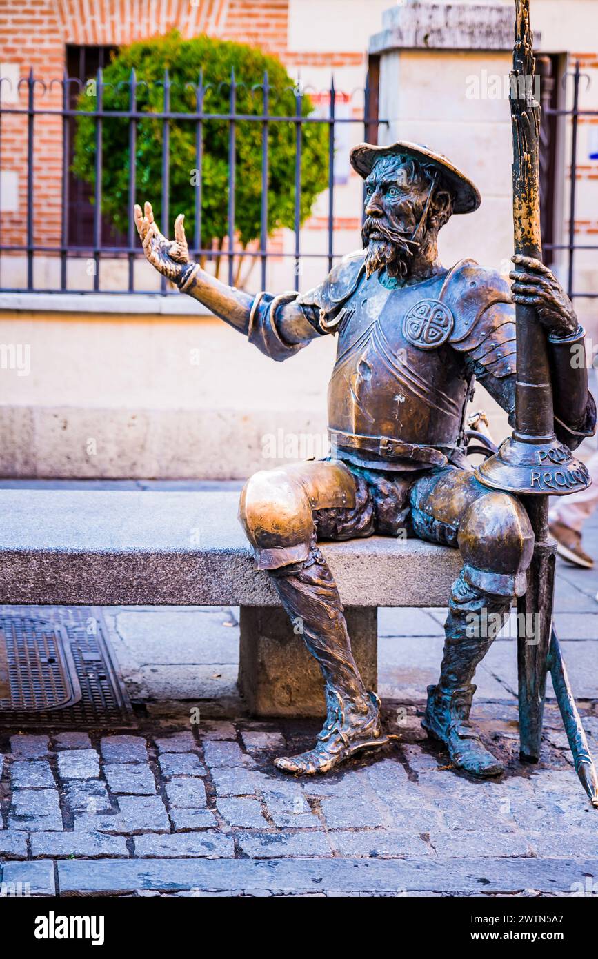 Detail of the character of Don Quixote. Sculpture group of Don Quixote and Sancho in front of Cervantes Birthplace Museum. Alcalá de Henares, Comunida Stock Photo