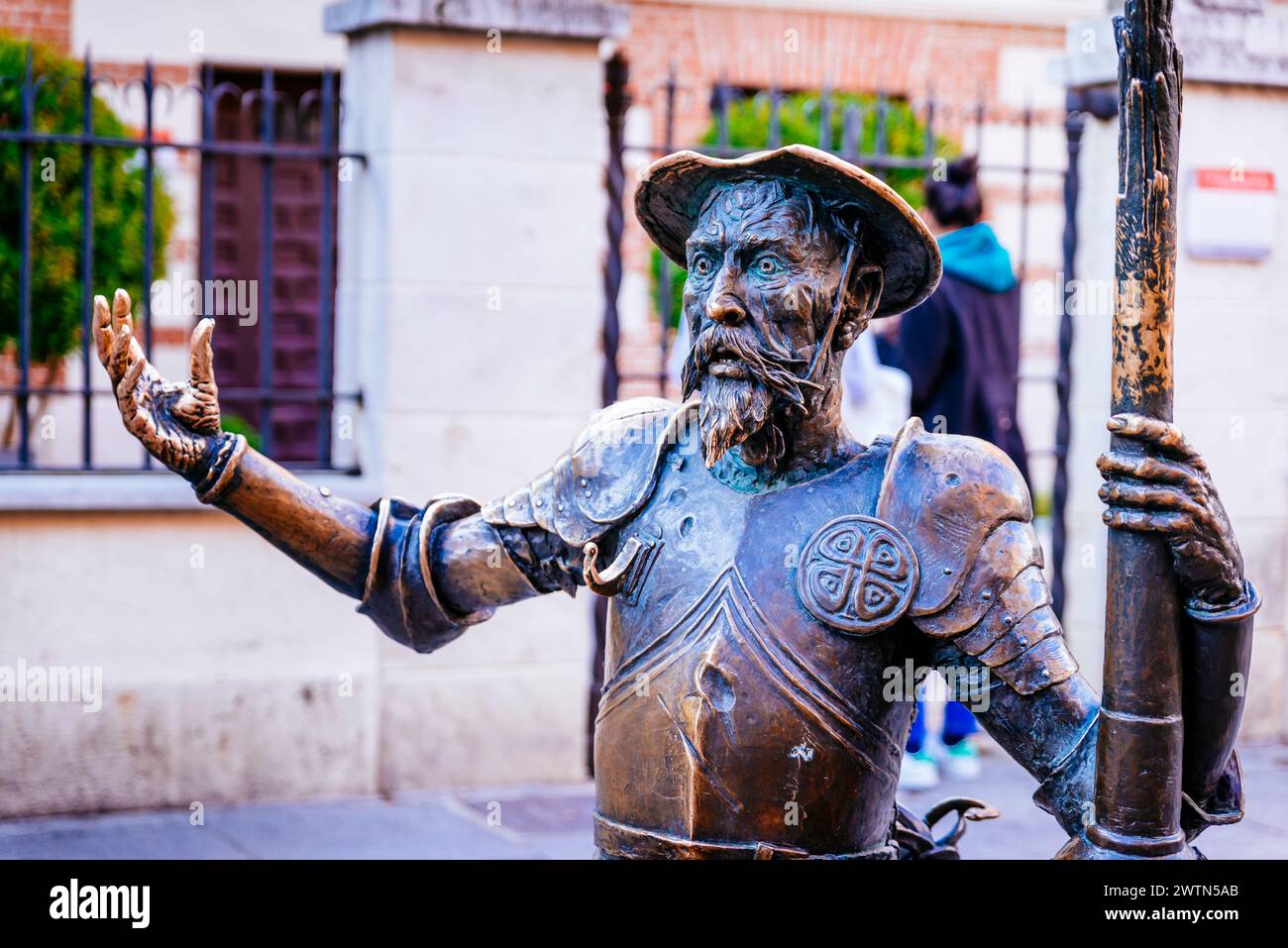 Detail of the character of Don Quixote. Sculpture group of Don Quixote and Sancho in front of Cervantes Birthplace Museum. Alcalá de Henares, Comunida Stock Photo