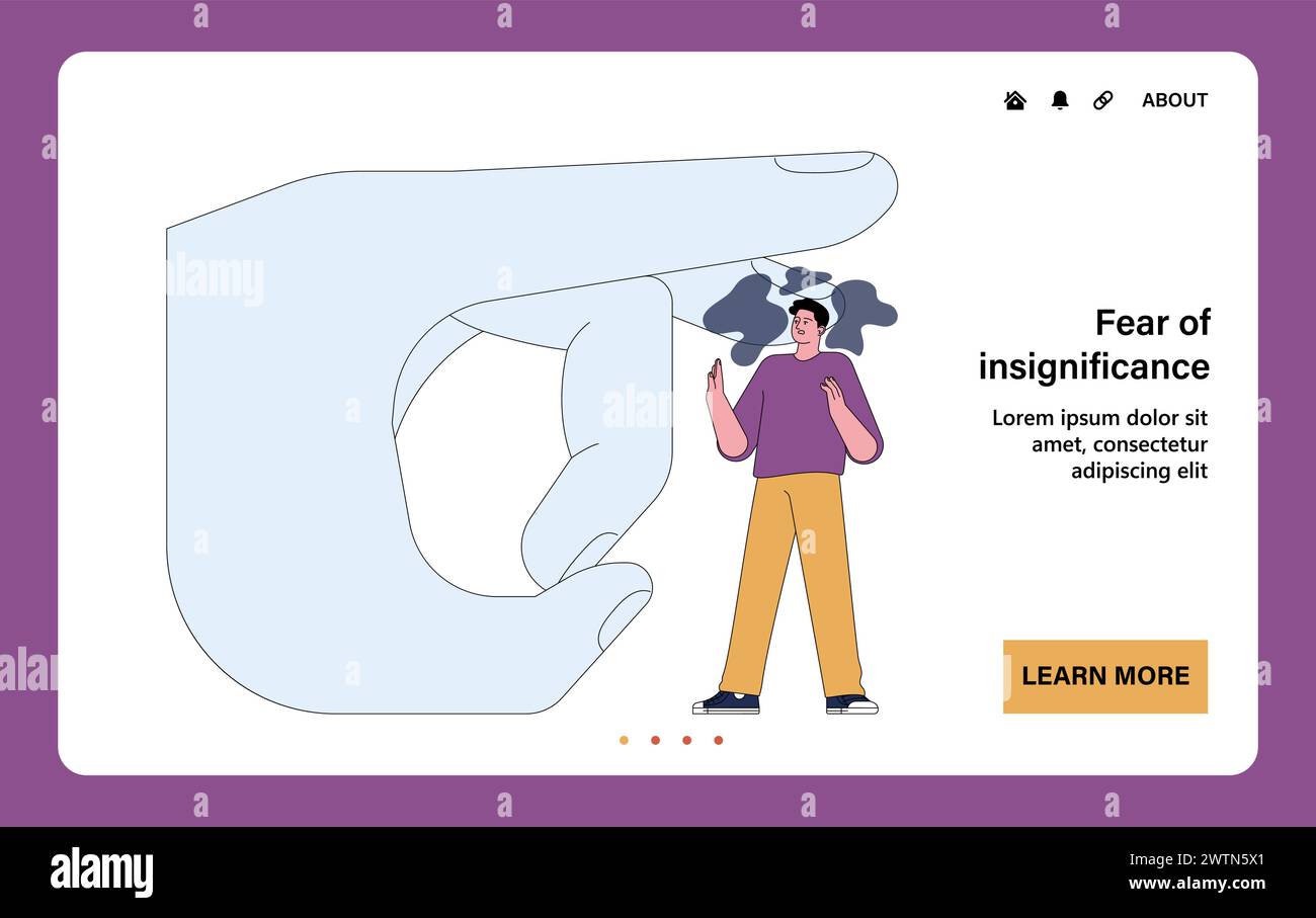 Fear of Insignificance web or landing. A person stands small before a giant hand flicking him out, portraying feelings of being overshadowed and insignificant. Flat vector illustration Stock Vector