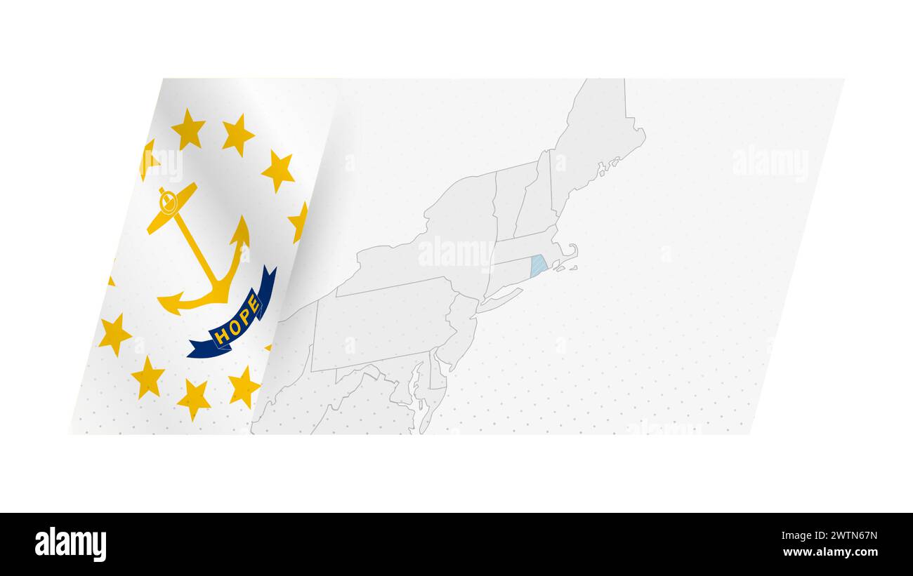 Rhode Island map in modern style with flag of Rhode Island on left side. Vector illustration of a map. Stock Vector