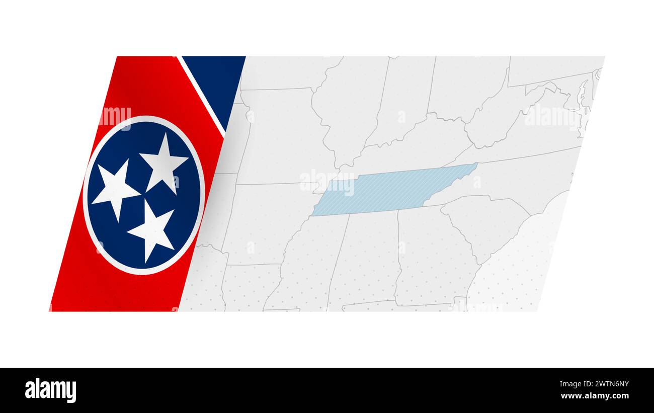 Tennessee map in modern style with flag of Tennessee on left side. Vector illustration of a map. Stock Vector