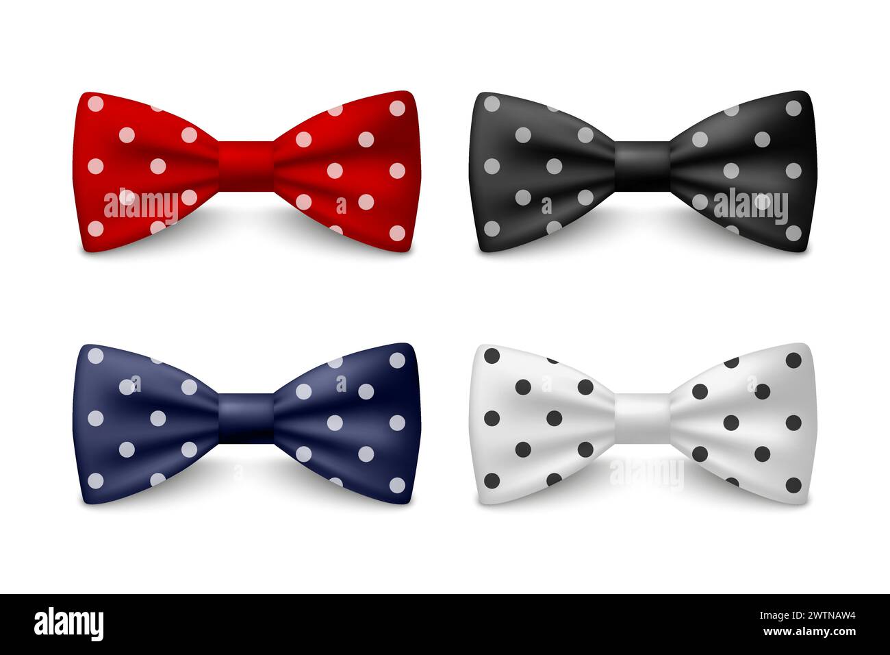 Vector 3D Realistic Red, Black, Blue, White Bow Tie Set Isolated. Silk Glossy Bowtie, Tie Gentleman. Mockup, Design Template of Stylish Bow Tie for Stock Vector