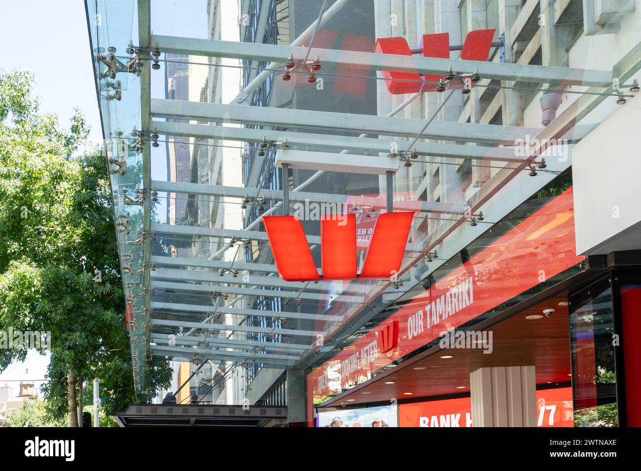 Westpac bank logo on the building at one of their branches in downtown Auckland, New Zealand