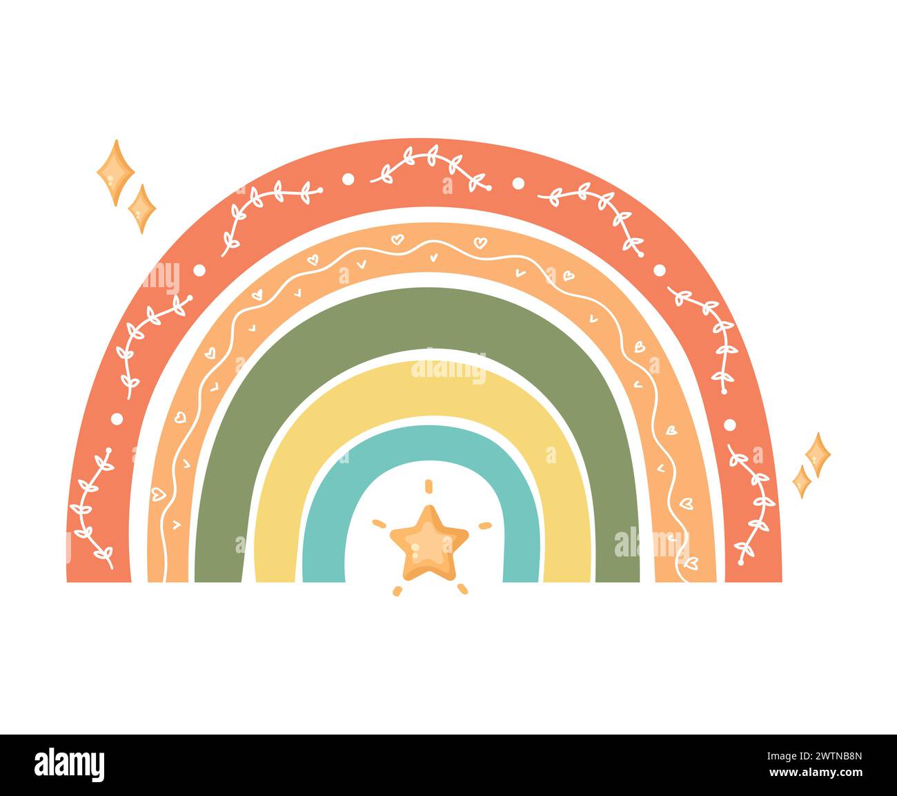 Hand drawn trendy rainbow decorated with stars. Scandinavian rainbow. Cute decoration. Vector illustration Stock Vector