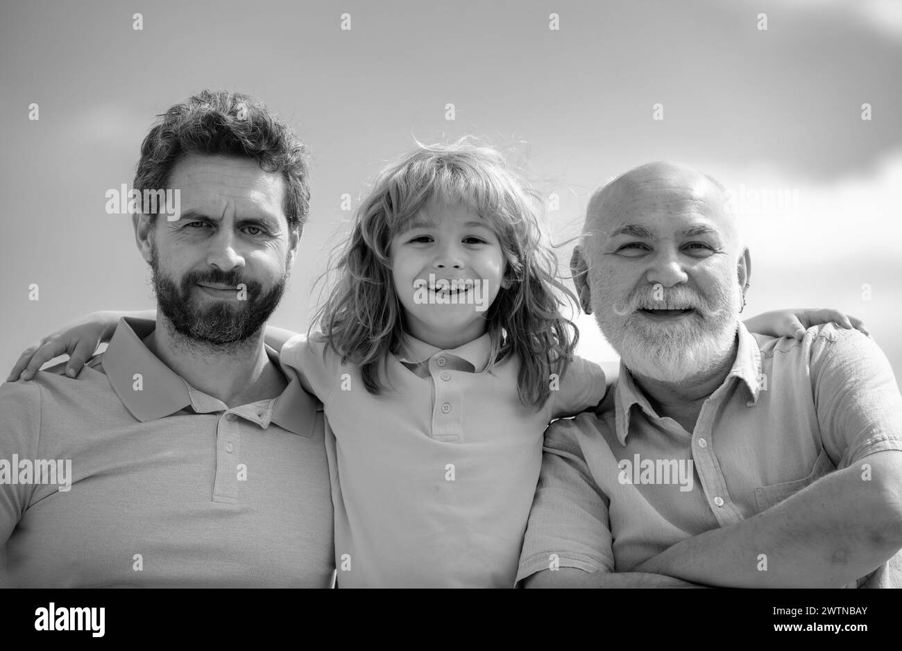 Men generation portrait of grandfather father and son child. Fathers day. Men in different ages. Stock Photo