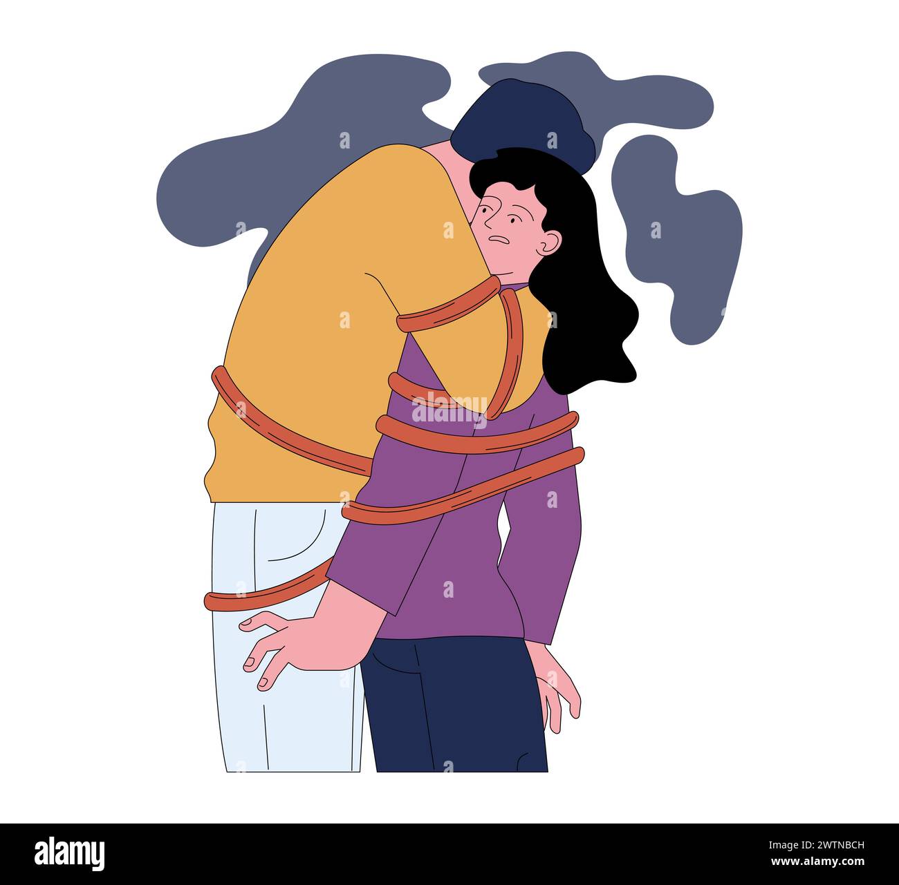 Fear of long-term commitment. Scared and anxious woman tied up to a man. Young woman with fear of romantic connection. Anxious and avoidant attachment in a relationship. Flat vector illustration Stock Vector