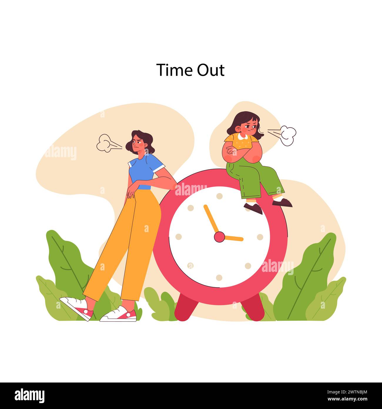 Time out concept. Mother and daughter take moment to breathe and reflect, sitting and resting against large clock, signifying the importance of breaks. Respect and patience. Flat vector illustration Stock Vector