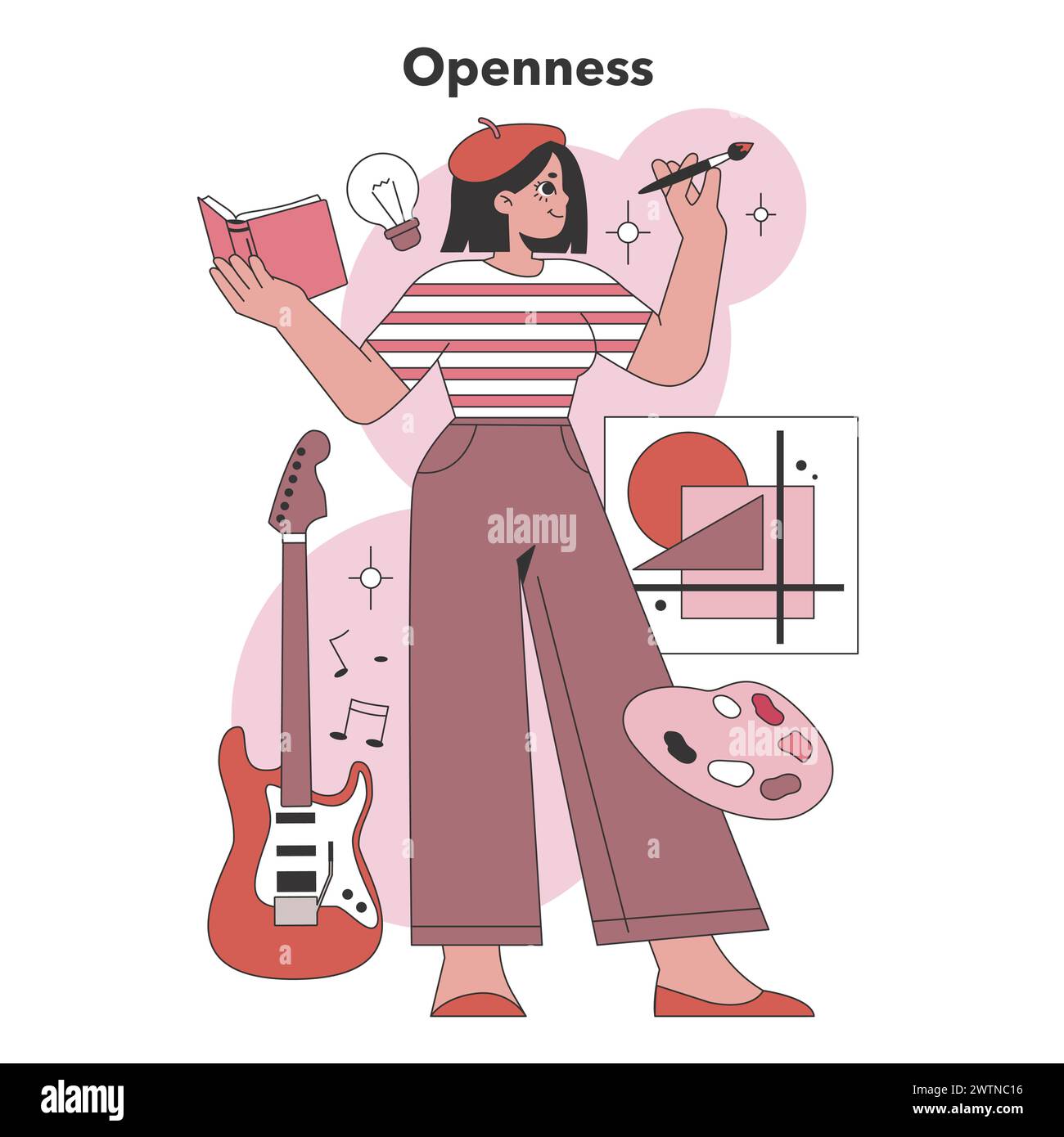 Openness trait in the Big Five Personality. Creative woman with various artistic symbols represents cognitive flexibility and aesthetic sensitivity. Flat vector illustration Stock Vector