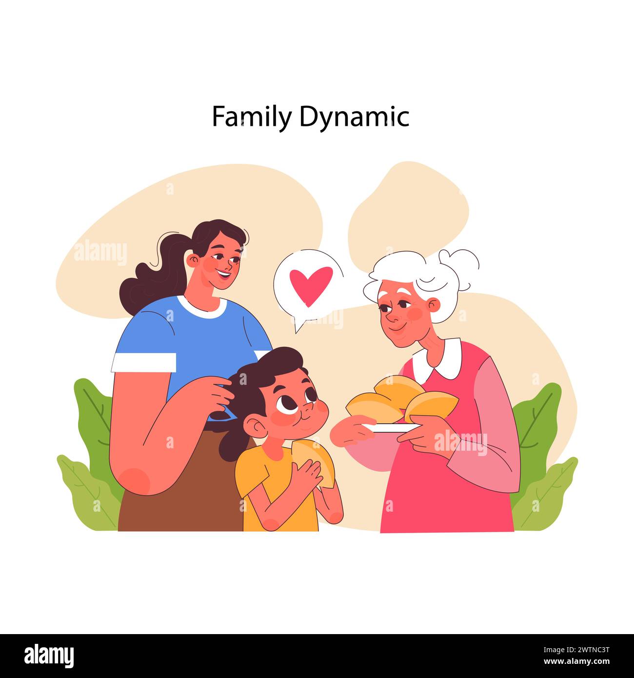 Family Dynamic concept. Heartwarming interaction between grandmother, mother, and child, sharing a moment over a homemade meal. Affectionate multi-generational bonds illustrated. vector illustration. Stock Vector