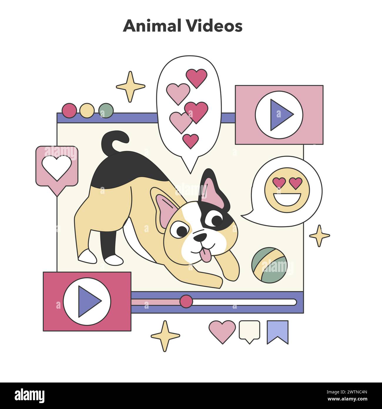 Animal Videos theme. Captivating pet antics and heartwarming animal clips on social platforms. Pet lovers' joy, wildlife appreciation, engaging content. Flat vector illustration Stock Vector