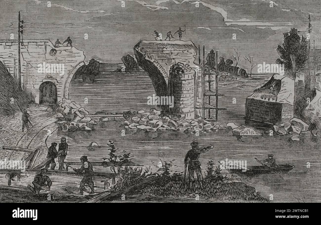 Franco-Prussian War (1870-1871). Reparation of the railway bridge over the Marne river at Trilport, near Meaux, destroyed by the French in 1870. Engraving. 'Historia de la Guerra de Francia y Prusia' (History of the War between France and Prussia). Volume II. Published in Barcelona, 1871. Stock Photo